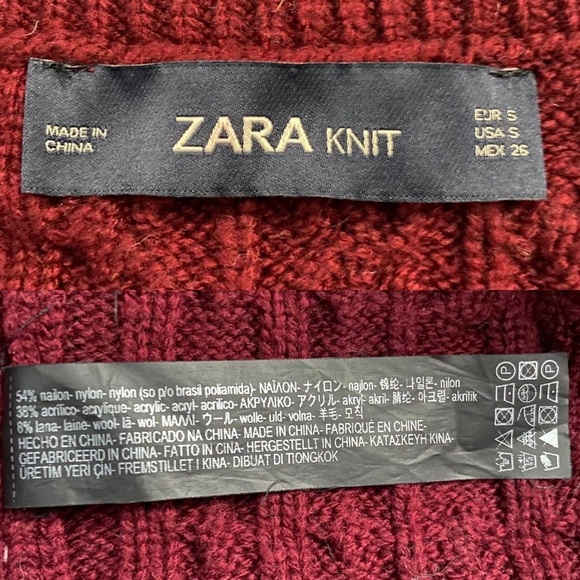 Zara Burgundy Oversized Chunky Cable Knit Sweater V Neck Small - Picture 3 of 14